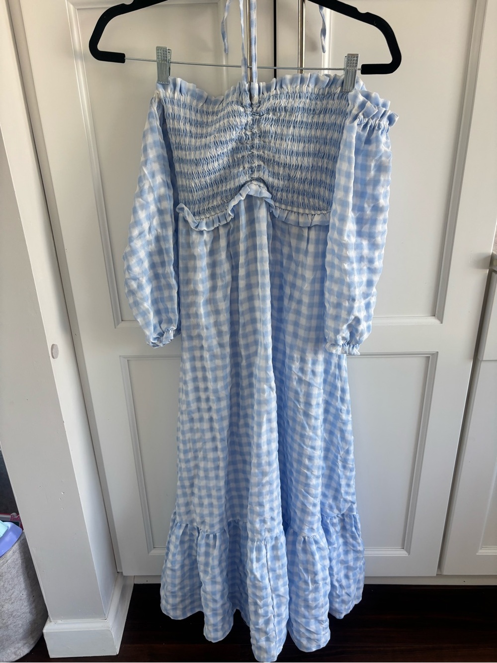 Light Blue Gingham Off-Shoulder Maxi Dress